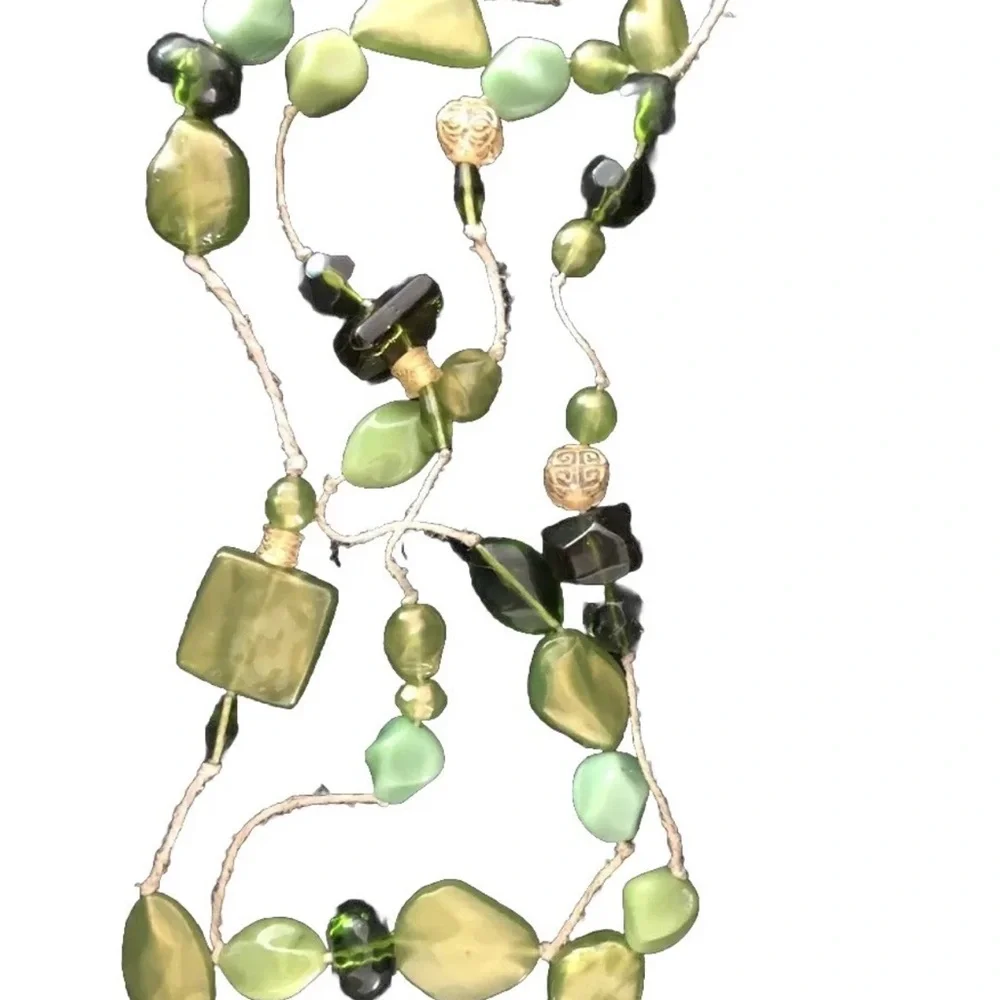 Vintage Artisan Handmade Green Glass Large Beads 50” Natural String Necklace